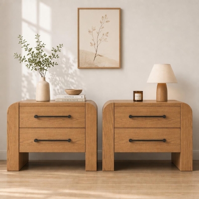 Minimalist Modern Nightstand Set of 2 with Black Metal Handles, Wooden Bedside Storage Tables for Bedroom, 28.5'' L x 15.5'' W x 23.5'' H, Brown