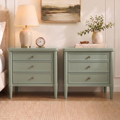 Modern Farmhouse Nightstand Set of 2 with 3 Storage Drawers, Wooden Bedside End Tables with Tapered Legs, 23.5'' L x 15.5'' W x 24.5'' H, Green