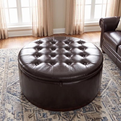 Elegant Round Storage Ottoman with Tufted Chenille and Removable Lid, Versatile Coffee Table for Living Room, 28'' L x 28" W x 16.5" H, Dark Brown