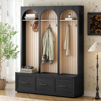 Farmhouse Hall Tree Coat Rack with 3 Arches and 8 Retro Hooks, Shoe Storage Bench Unit with 3 Drawers, 59'' L x 15.5'' W x 75'' H, Black