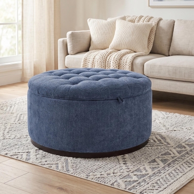 Elegant Round Storage Ottoman with Tufted Chenille and Removable Lid, Versatile Coffee Table for Living Room, 28'' L x 28" W x 16.5" H, Blue