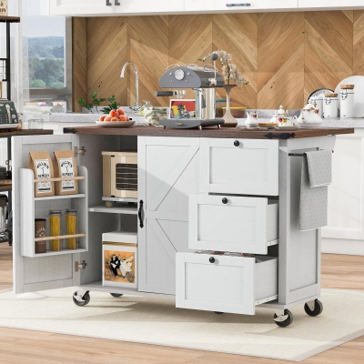 Farmhouse Kitchen Island with Power Outlet and Drop Leaf, Versatile Rolling Cart with Spice Rack and Storage, 54.5'' L x 28.5" W x 36.5" H, White