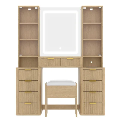 Elegant Fluted Dressing Vanity Desk with 3-Colour LED Mirror, Modern Makeup Table Unit with 10 Drawers, 43.5'' L x 15.5'' W x 54.5'' H, Oak