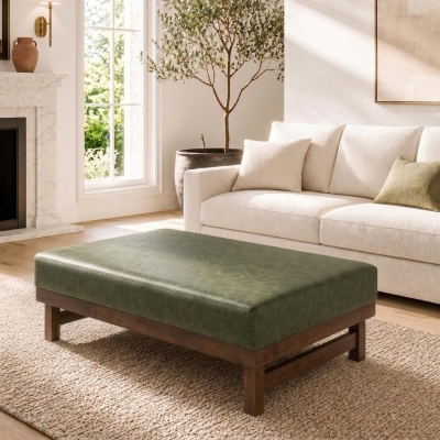 Sleek Large Ottoman with Faux Leather and Walnut Legs, Versatile Coffee Table for Living Room and Bedroom, 48" L × 27.5" W × 15.5" H, Green