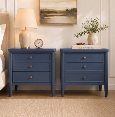 Modern Farmhouse Nightstand Set of 2 with 3 Storage Drawers, Wooden Bedside End Tables with Tapered Legs, 23.5'' L x 15.5'' W x 24.5'' H, Blue