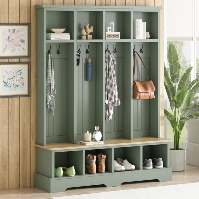 Farmhouse Hall Tree Coat Rack with 8 Retro Hooks, Shoe Bench Unit with 8 Storage Compartments, 59'' L x 15.5'' W x 76.5'' H, Mint Green