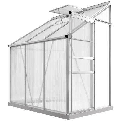 Outsunny Aluminum Lean-to Greenhouse Polycarbonate Walk-in Greenhouse with Rain Gutter and Sliding Door, 6' x 4', Clear
