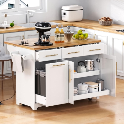 Vintage Kitchen Island with Trash Storage and Organizers, Versatile Rolling Cart with Power Outlet and Spice Rack, 59'' L x 29.5" W x 35.5" H, White