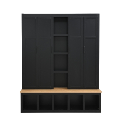 Rustic 4-in-1 Hall Tree Coat Rack with 4 Cabinets and 6 Sturdy Hooks, Shoe Storage Bench Unit for Mudroom, 63'' L x 15.5'' W x 76.5'' H, Black