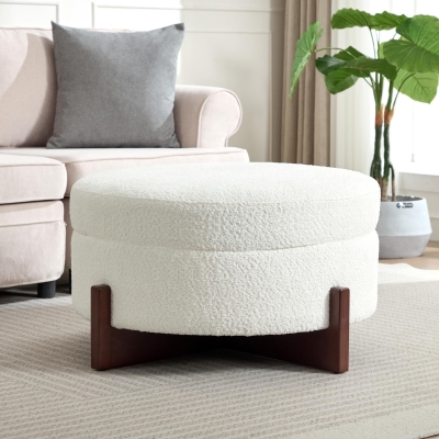 Chic Round Ottoman with Storage and Tufted Upholstery, Versatile Coffee Table for Living Room and Bedroom, 32'' L x 32" W x 17.5" H, Soft White