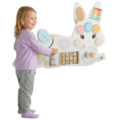 Qaba Easter Bunny Busy Board, Wooden Wall-Mounted Montessori Sensory Toys, Gift for Girls Boys for 1.5-6 Y, White