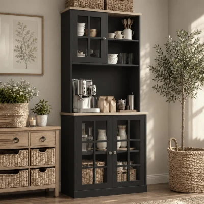 HOMCOM 72" Kitchen Pantry Cabinet, Black with Glass Doors
