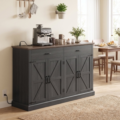 HOMCOM 55" Buffet Cabinet, Farmhouse Sideboard with 1.2" Thick Top, 4 Barn Doors, 2 Drawers and 2 Adjustable Shelves, Black