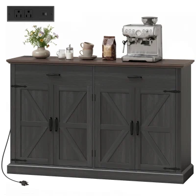 HOMCOM 55" Buffet Cabinet, Farmhouse Sideboard with 1.2" Thick Top, 4 Barn Doors, 2 Drawers and 2 Adjustable Shelves, Black