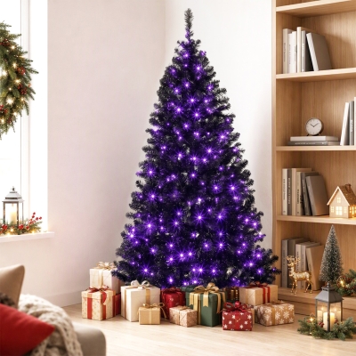 HOMCOM 6ft Pre-lit Black Christmas Tree, Artificial Halloween Tree with 680 Purple LED Lights, 680 Tips, Metal Stand, Black