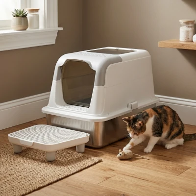 PawHut XL Stainless Steel Enclosed Cat Litter Box with Scoop
