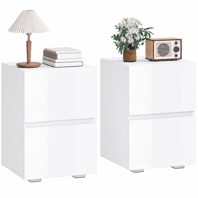 HOMCOM Modern Nightstand Set of 2, Narrow Bedside Table with 2 Drawers and High Gloss Drawer Fronts for Bedroom, White