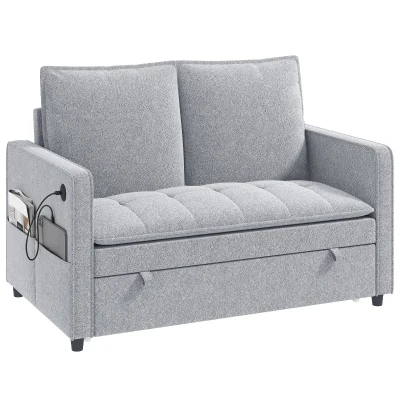 HOMCOM 51" Sofa Bed, Holland Velvet Loveseat Pull Out Sleeper Sofa with USB Ports, Adjustable Backrest, Side Pockets Grey
