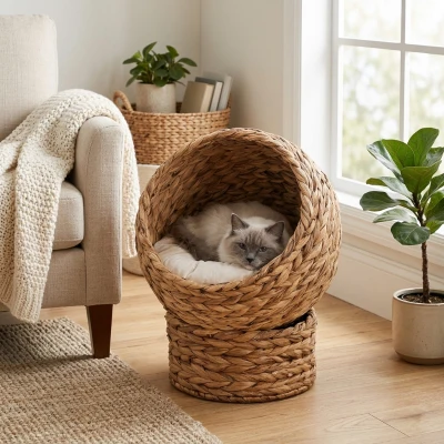 PawHut Elevated Cat Bed, Wicker Cat Chair, 23.5" H, Brown
