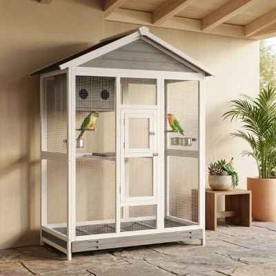 PawHut 64.5" Wooden Bird Cage Aviary, Indoor/Outdoor, Gray