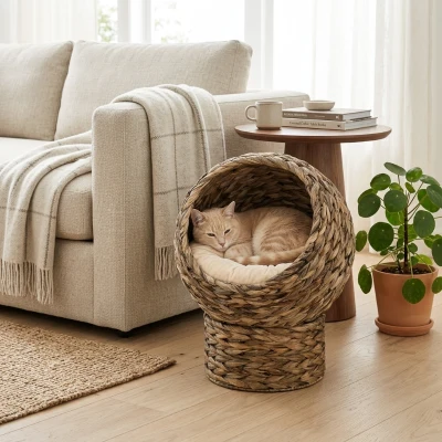 PawHut Handwoven Elevated Cat Bed, 23.5" H, Gray Wicker