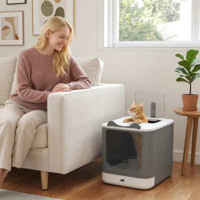 PawHut Enclosed Cat Litter Box with Lid, Scoop & Deodorizer, White