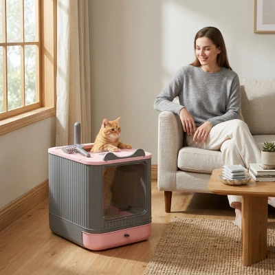 PawHut Enclosed Cat Litter Box with Lid, Scoop, Pink