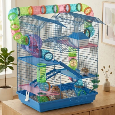 PawHut 18.5" 5-Tier Hamster Cage with Tubes, Blue