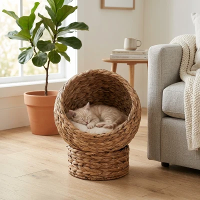 PawHut 20" Braided Banana Leaf Cat Bed Basket, Brown