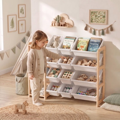 Qaba Toy Storage Organizer with 3 Shelves and 12 Bins, Montessori Kids Wooden Shelf for Playroom, Bedroom, Nursery, Natural
