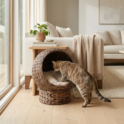 PawHut Elevated Wicker Cat Bed with Cushion, 23.5" H, Gray