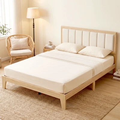 HOMCOM Queen Platform Bed Frame with Headboard, Wooden Slats, Oak