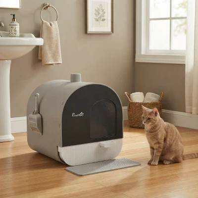 PawHut Cat Litter Box with Lid, Light Gray