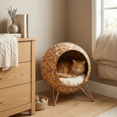 PawHut 20.5" Weaved Cat Bed, Braided Banana Leaf Condo
