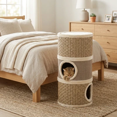 PawHut 28" Cat Condo, 3-Story Hideaway with Scratching Pad