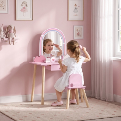 Qaba Kids Vanity Set, Makeup Vanity Table with Mirror, Stool, Drawer, 7-Piece Accessories, Cloud-Design for Girls 3-6 Y, Pink