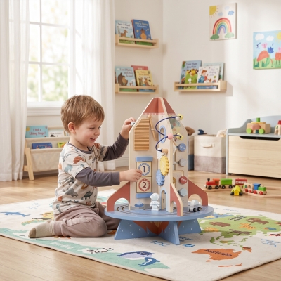 Qaba Wooden Activity Cube, Rocket Theme Educational Toys with Shape Sorter & Bead Maze for Toddlers 24M-6Y Fine Motor Skill