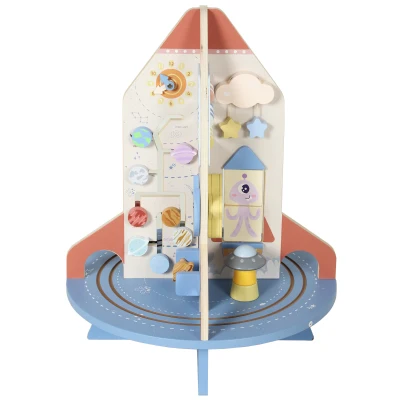 Qaba Wooden Activity Cube, Rocket Theme Educational Toys with Shape Sorter & Bead Maze for Toddlers 24M-6Y Fine Motor Skill