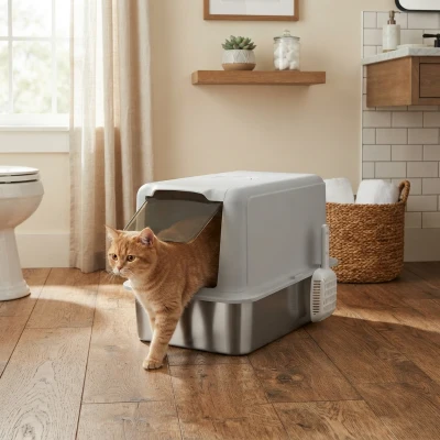 PawHut Stainless Steel Cat Litter Box with Lid & Scoop, Gray