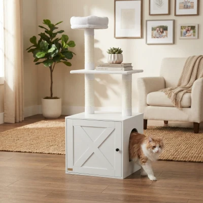 PawHut Cat Tree with Litter Box, Scratching Posts & Bed, White
