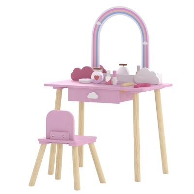 Qaba Kids Vanity Set, Makeup Vanity Table with Mirror, Stool, Drawer, 7-Piece Accessories, Cloud-Design for Girls 3-6 Y, Pink