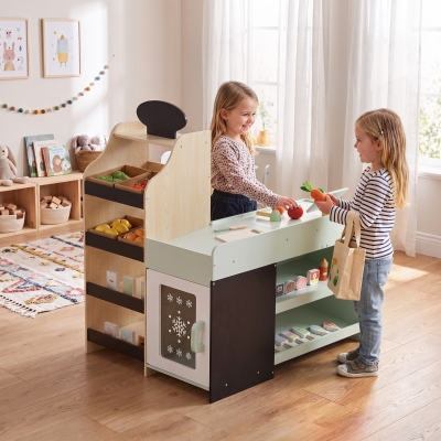 Qaba Kids Grocery Store Playset, Wooden Play Store with Play Food, Cash Register, Chalkboard, 44 Accessories for Ages 3-6