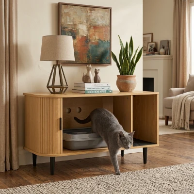 PawHut Cat Litter Box Enclosure with Sliding Door, TV Stand Table