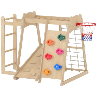 Qaba 7-in-1 Kids Montessori Jungle Gym with Reversible Slide, Basketball Hoop, Monkey Bars, Rock Wall, Climbing Net & Ladder