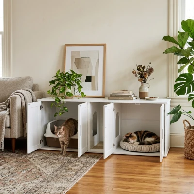 PawHut Cat Litter Box Enclosure with Scratching Mat, White, 57"