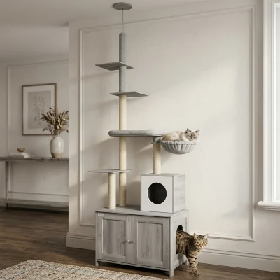 PawHut 2-in-1 Cat Tree with Litter Box Enclosure, Gray