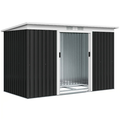 Outsunny 9' x 4' Outdoor Storage Shed, Galvanized Steel Garden Shed with Foundation Kit, Ventilation & Doors, Dark Grey