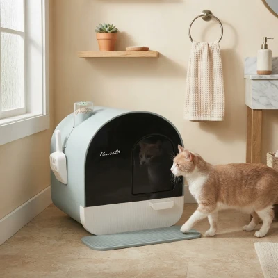 PawHut Covered Cat Litter Box with Tray, 17" x 17", Green