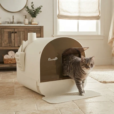 PawHut Cat Litter Box with Lid, Scoop & Filter, White
