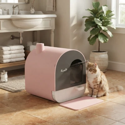 PawHut Cat Litter Box with Lid & Scoop, Pink